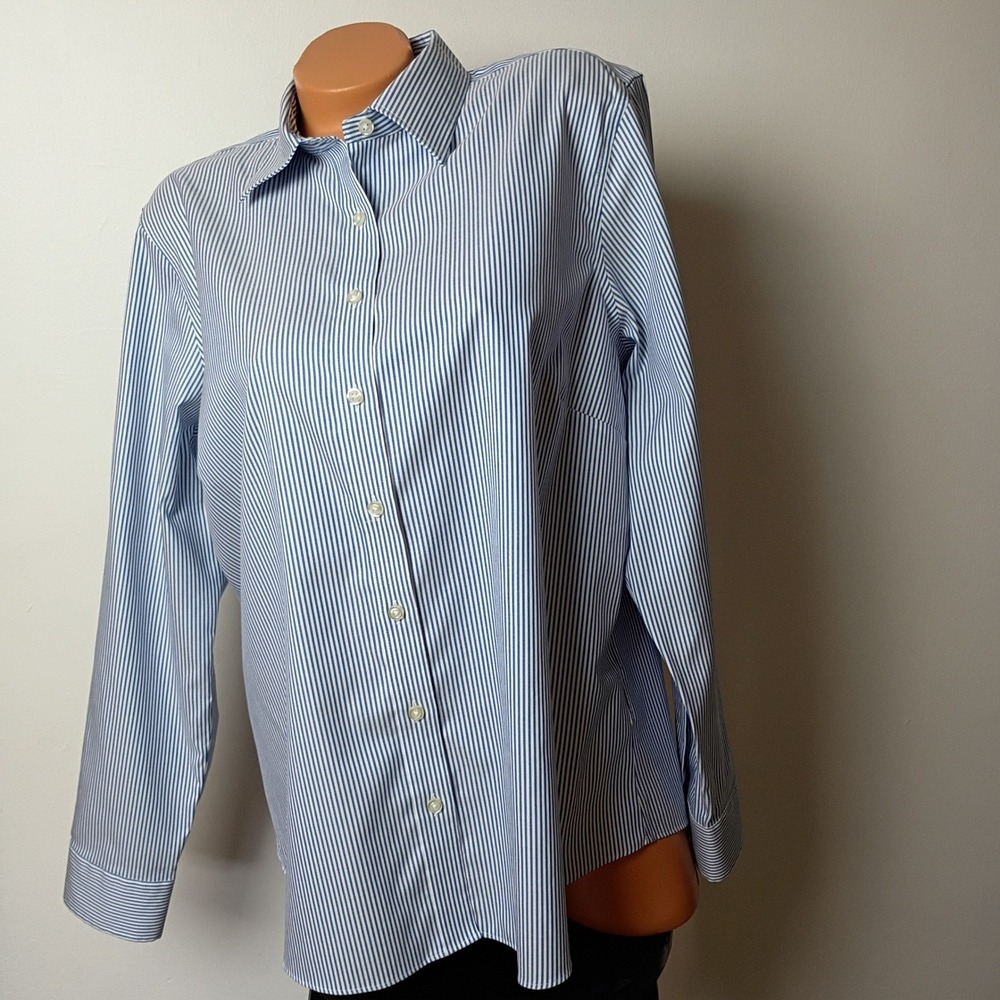 Lands End Womens 18 Blue White Striped No Iron Pinpoint Oxford Button Down Shirt